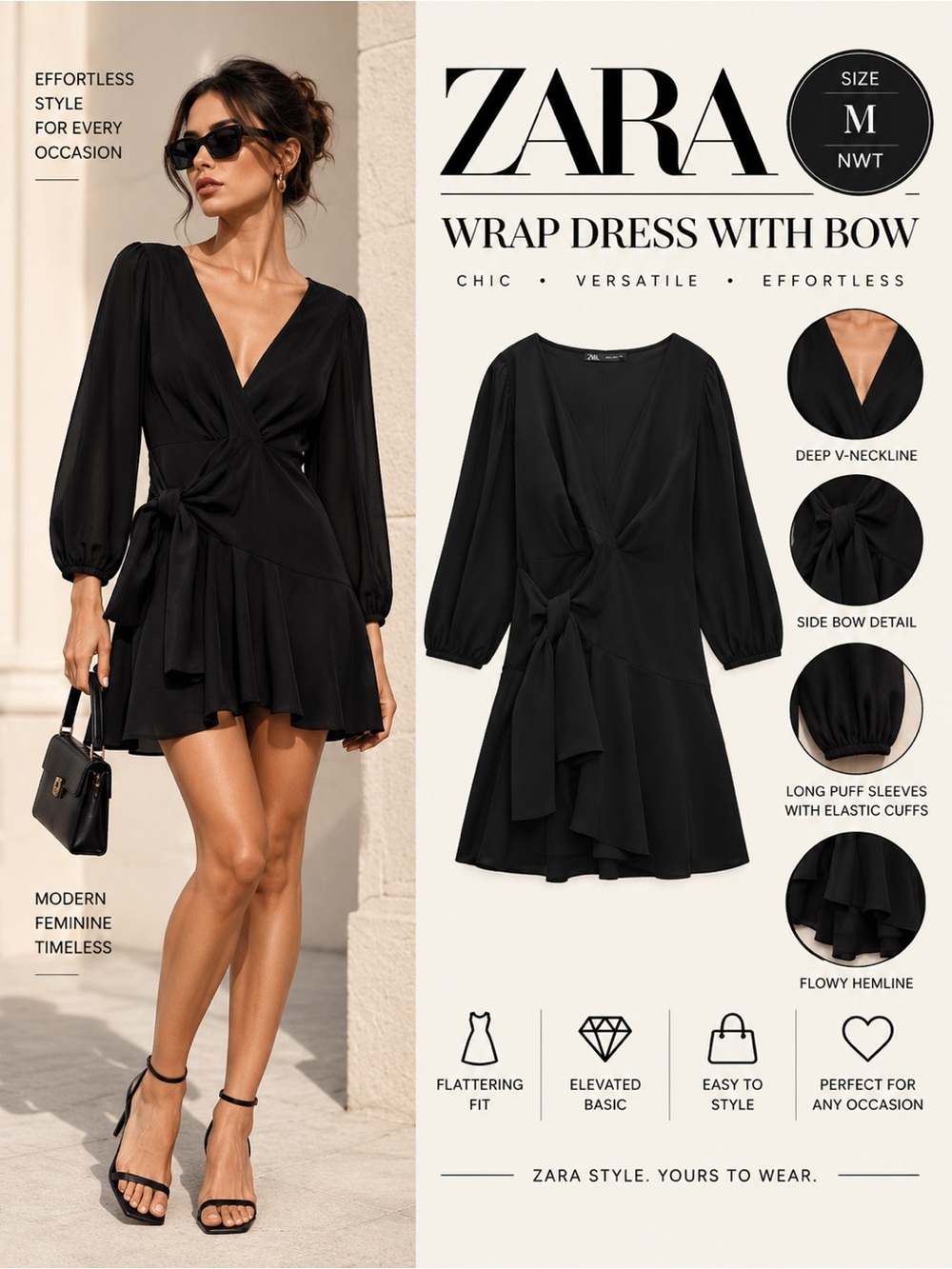 ZARA Black Wrap Mini Dress With Side Bow Size M NWT 3666/089